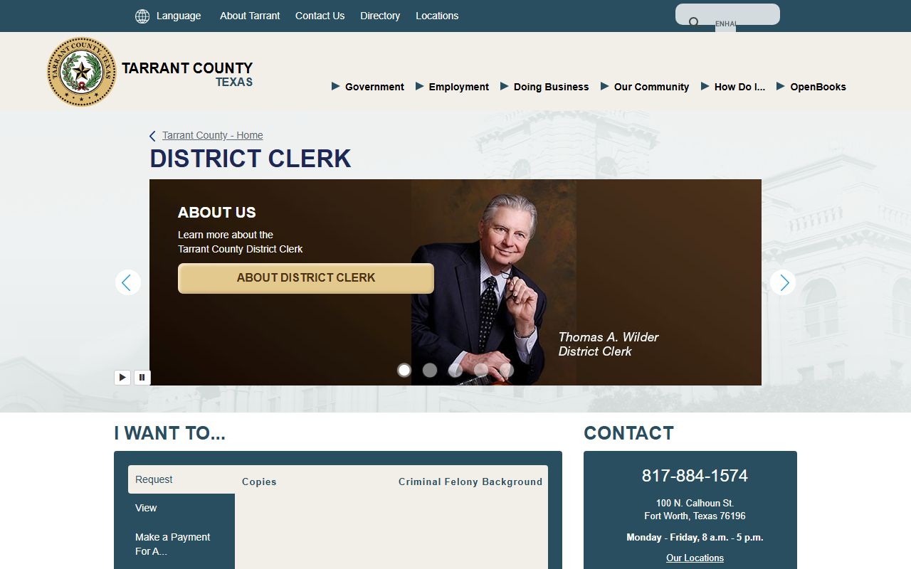 Tarrant County District Clerk main page with records and services