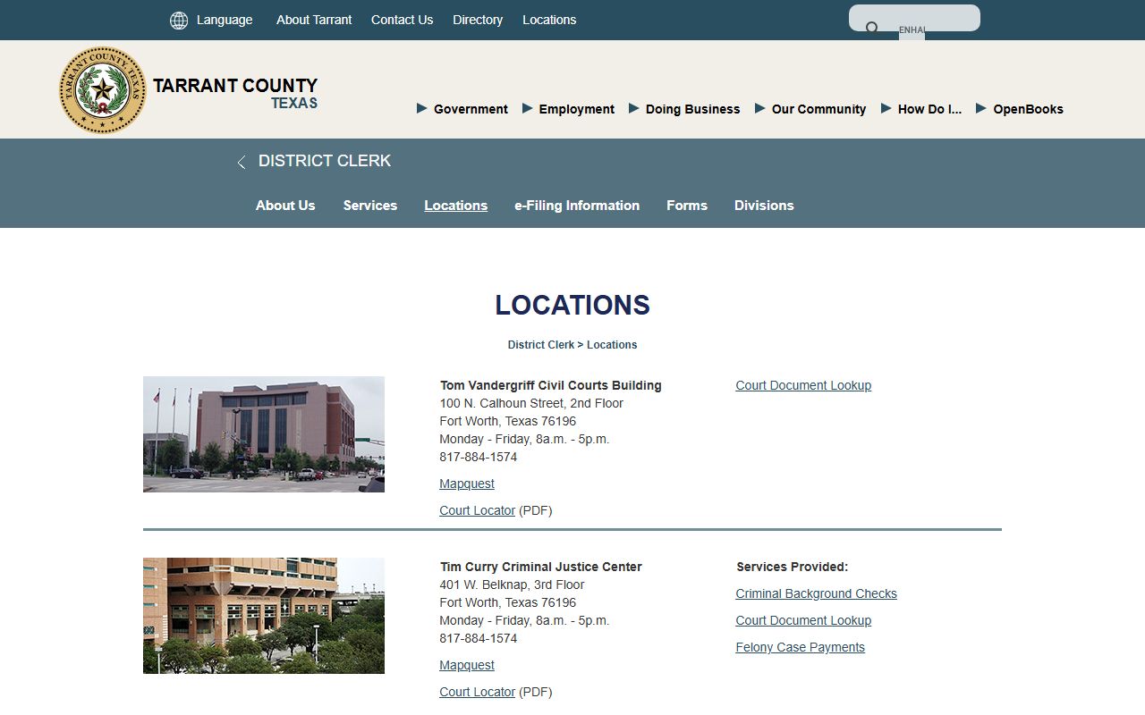 Tarrant County District Clerk locations page for Court Document Lookup