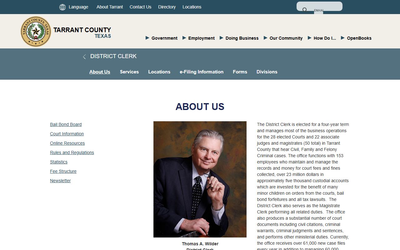 Tarrant County District Clerk About Us page with office duties and records