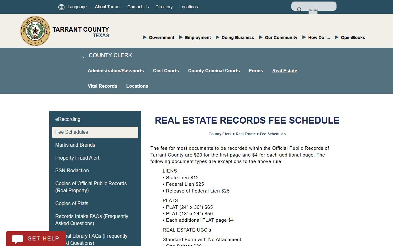Tarrant County County Clerk real estate records fee schedule page