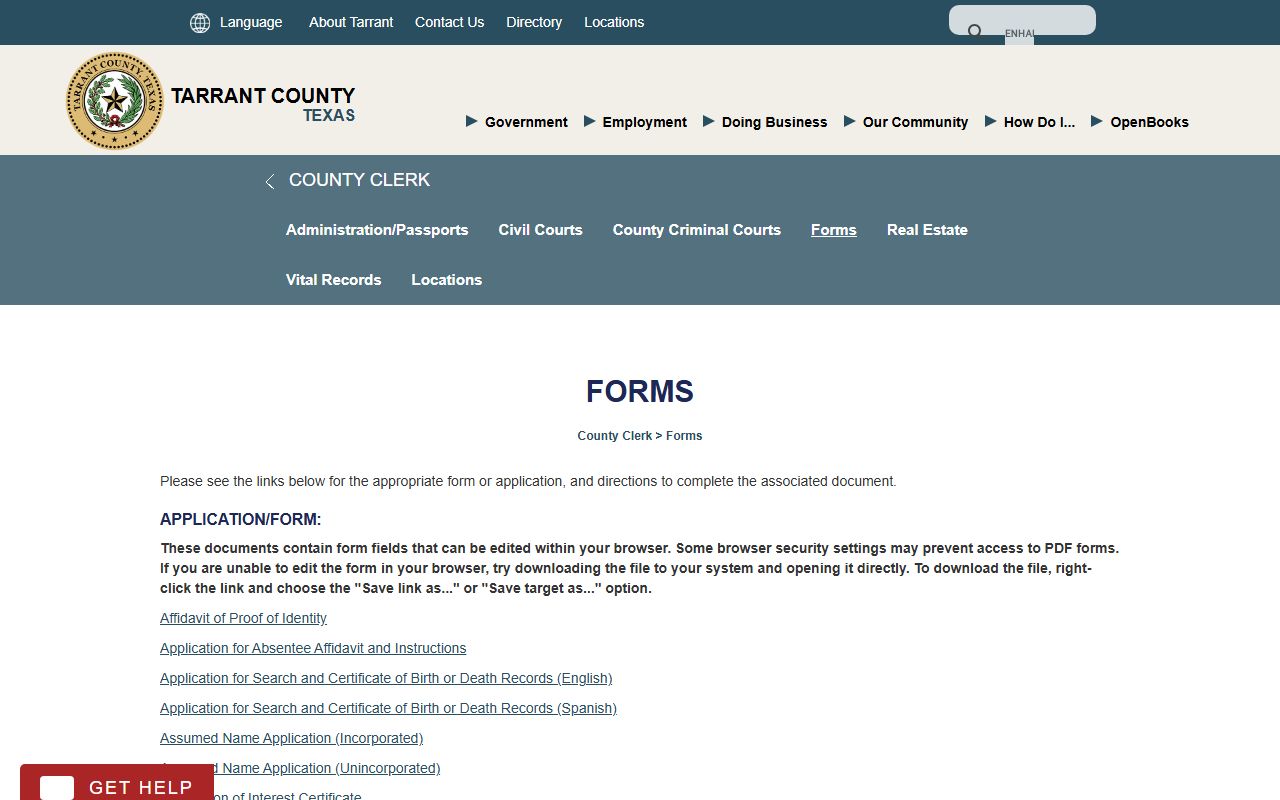 Tarrant County County Clerk forms page with fillable PDF documents