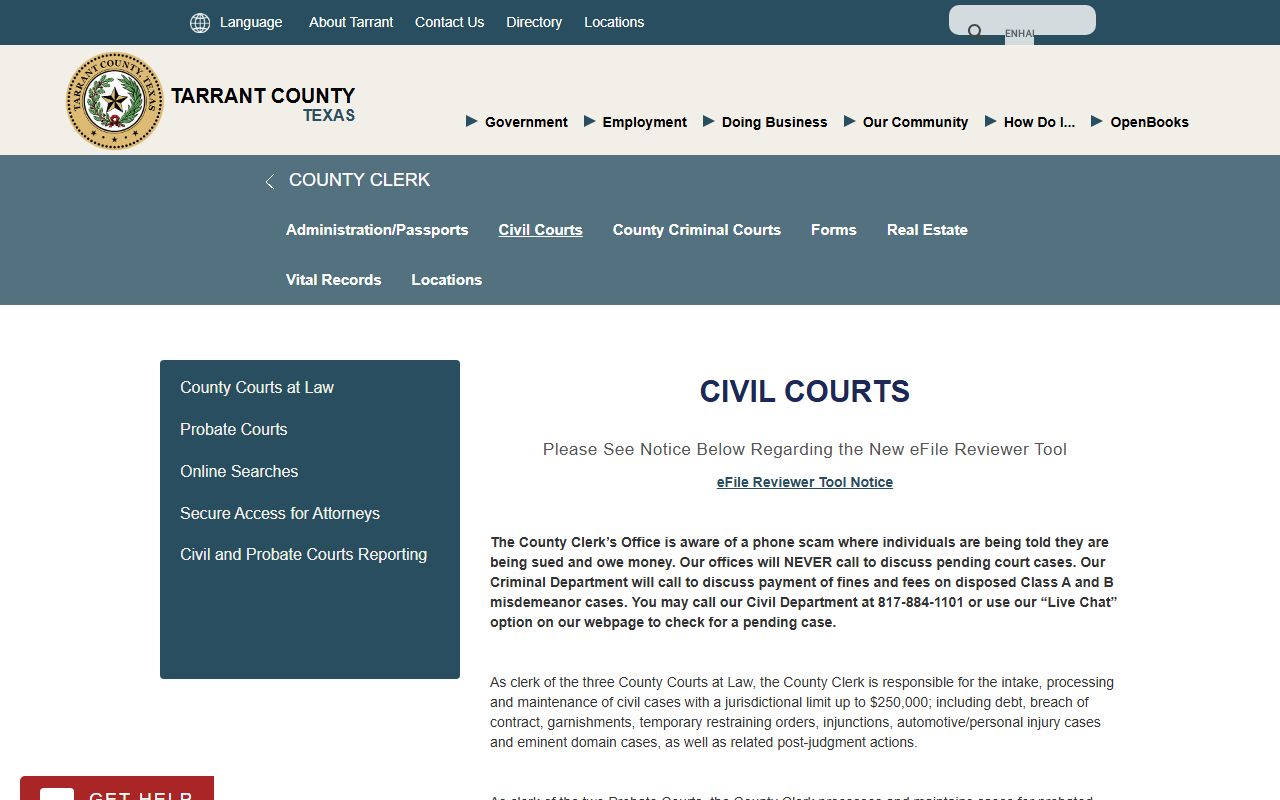 Tarrant County County Clerk civil courts page for county court records