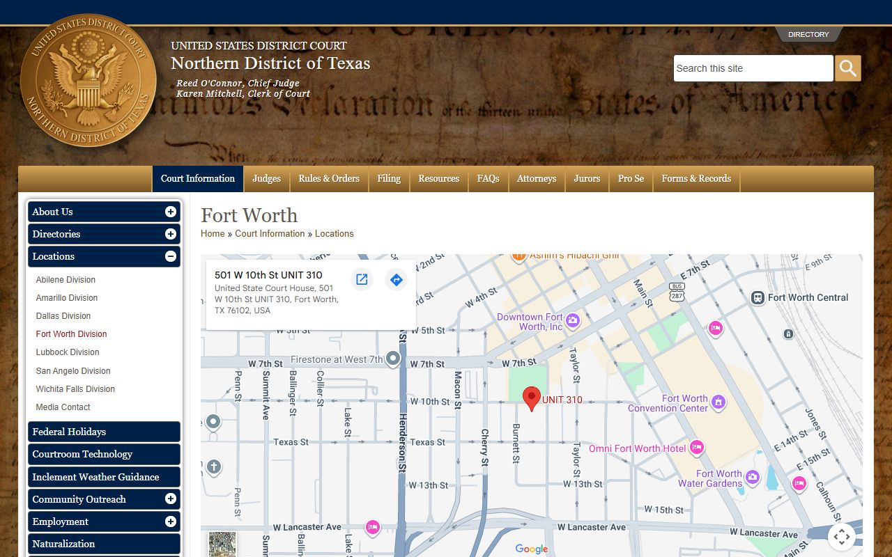 Northern District of Texas Fort Worth division page for federal Tarrant County court dockets