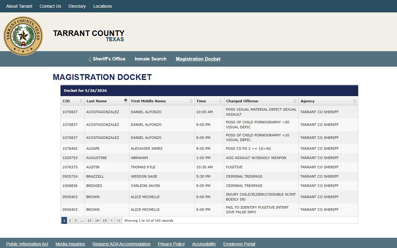 Tarrant County court dockets magistration docket tool from the Sheriff inmate system