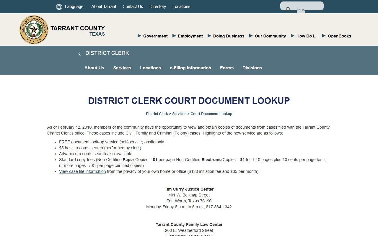 Tarrant County court records District Clerk Court Document Lookup page