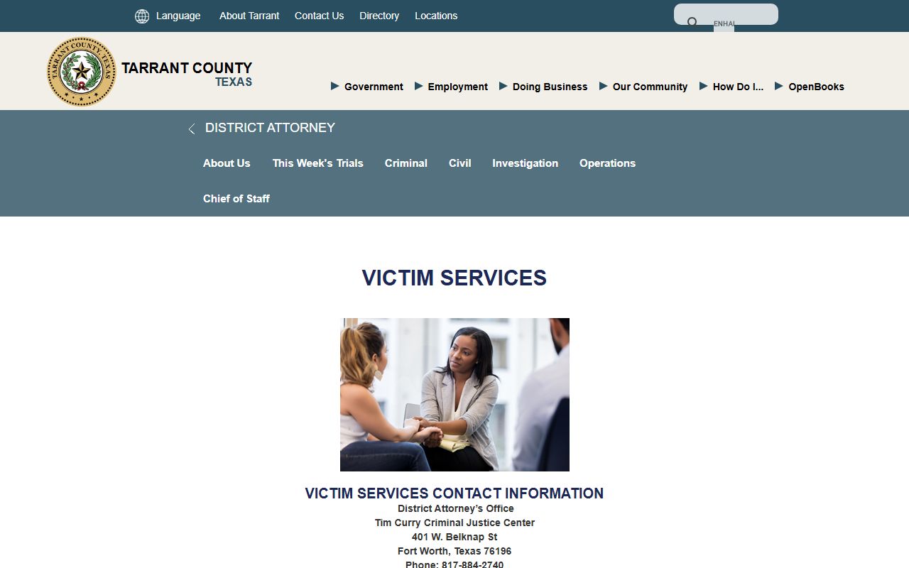 Tarrant County DA Victim Services for crime victims and criminal records