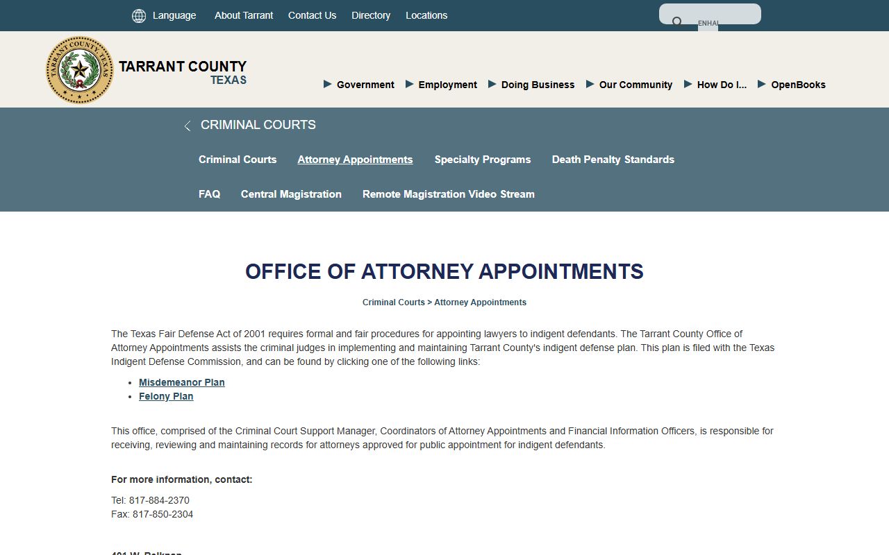 Tarrant County Office of Attorney Appointments tied to arrest records and criminal records