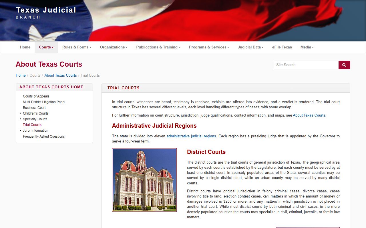Texas trial courts page explaining Tarrant County district court jurisdiction