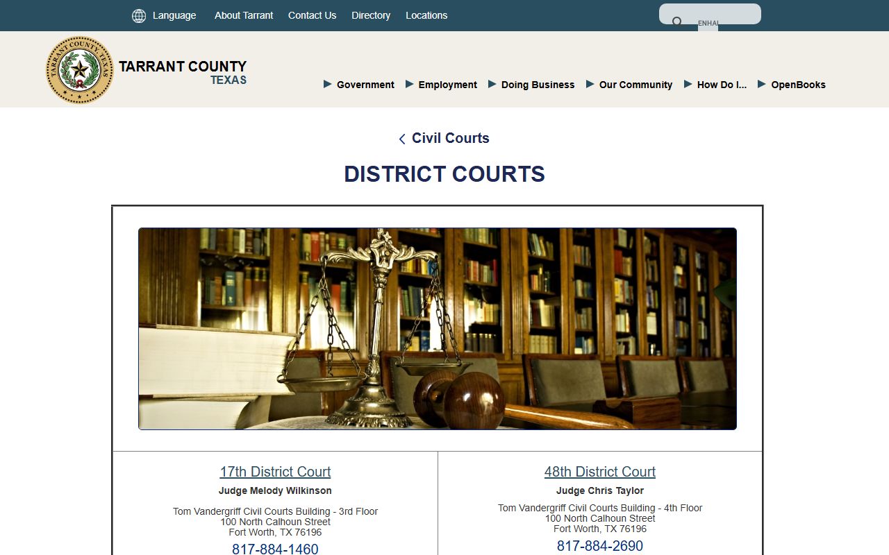 Tarrant County district court list page with courts and buildings