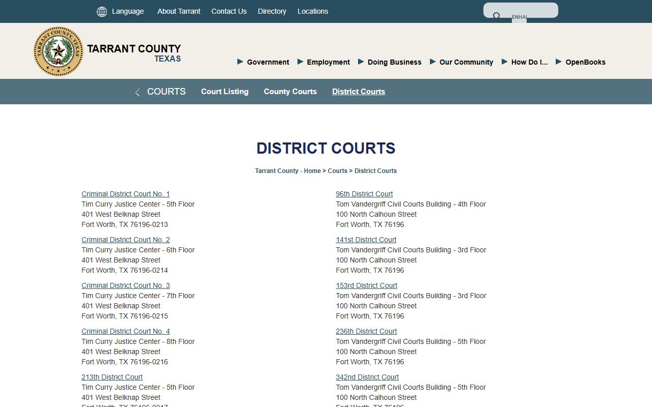 Tarrant County district courts overview for court records search