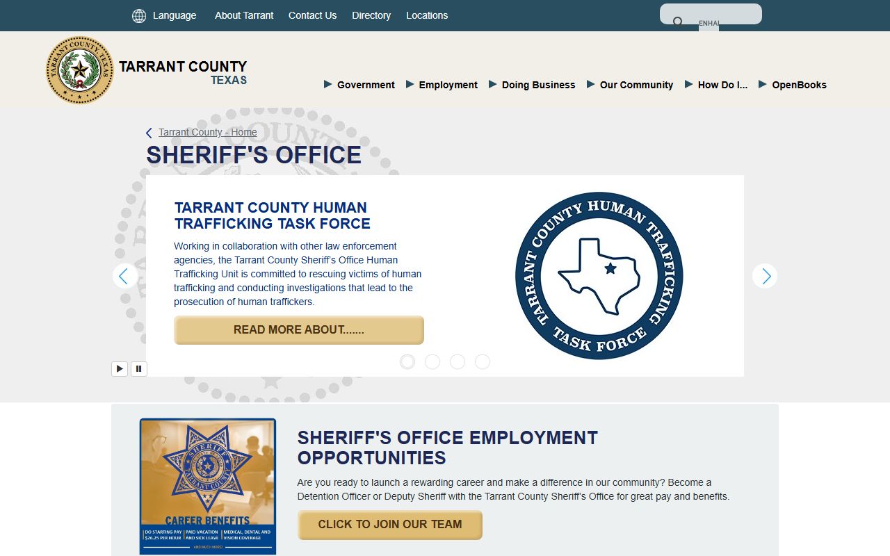 Tarrant County Sheriff page linked to jail and inmate court records
