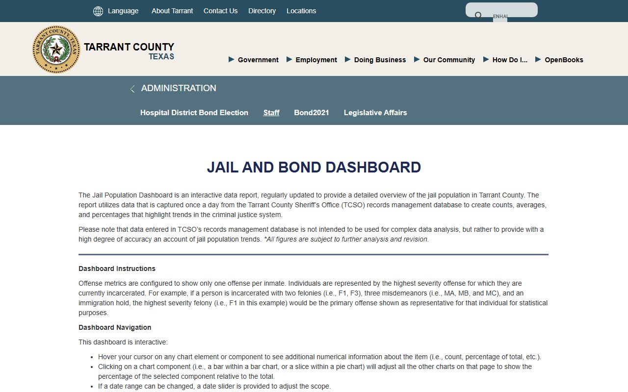 Tarrant County inmate population jail and bond dashboard page