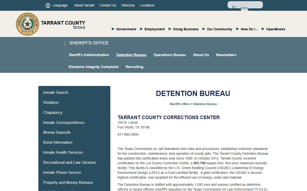 Tarrant County inmate Detention Bureau page listing jail facilities
