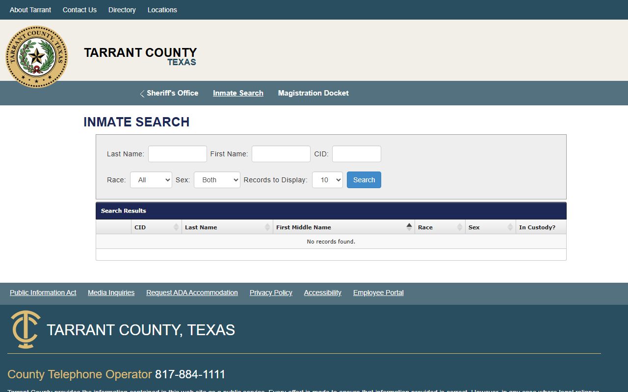 Tarrant County inmate search jail roster portal home page