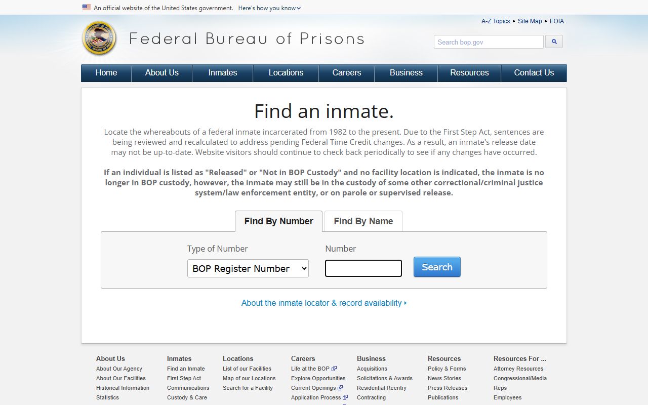 Federal BOP inmate locator used when a Tarrant County inmate is in federal custody
