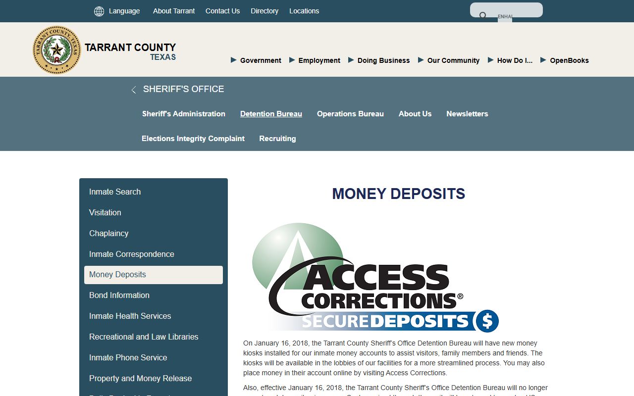 Tarrant County inmate money deposits page on the Sheriff site