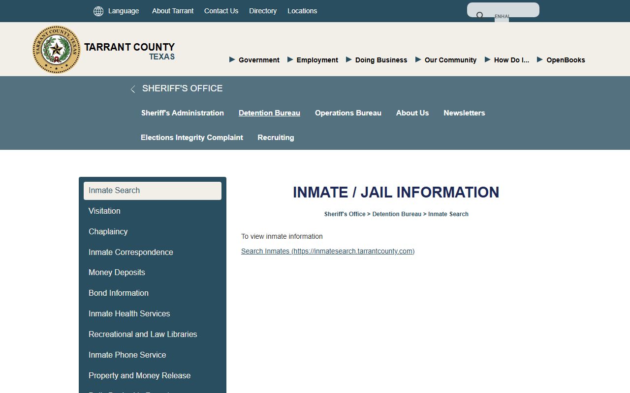 Tarrant County inmate search instructions page on the county website