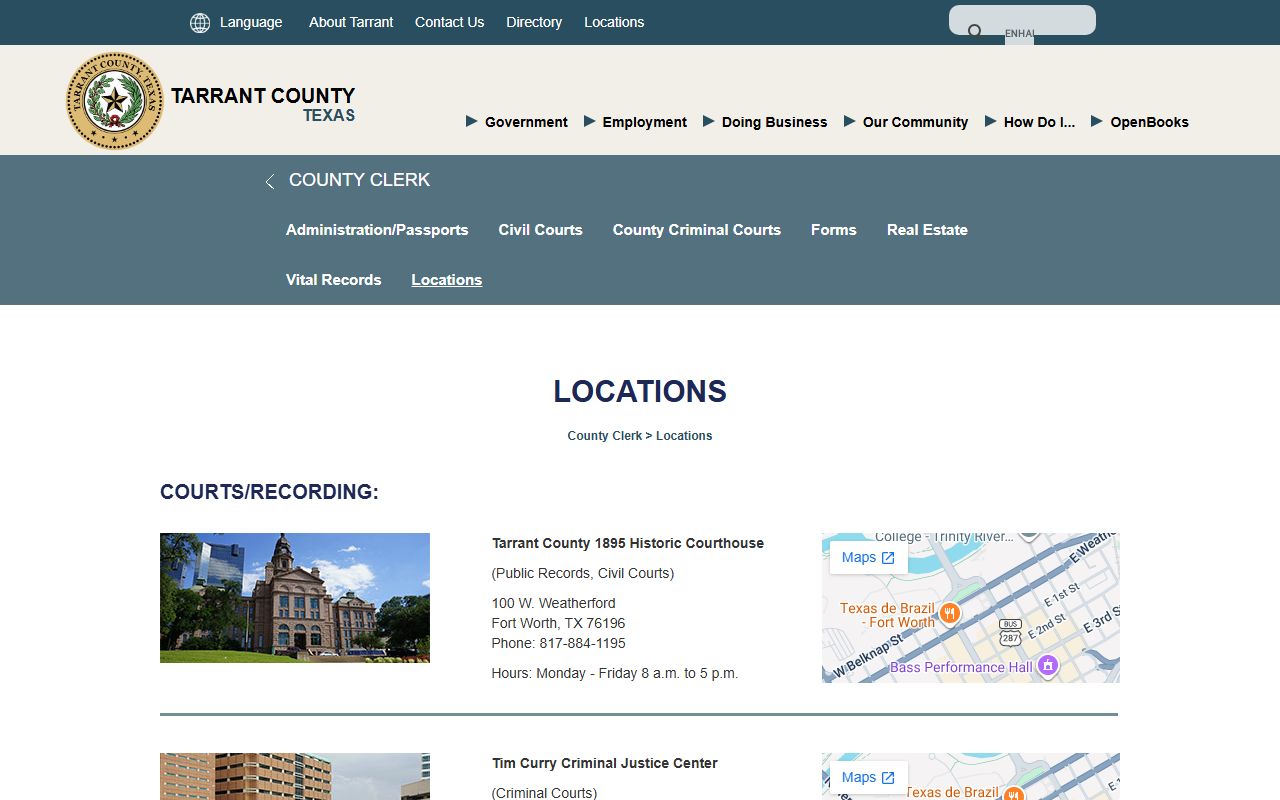 Tarrant County marriage and divorce records license office locations for the County Clerk