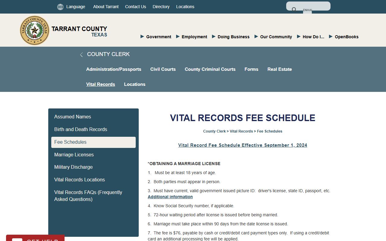 Tarrant County marriage and divorce records vital records fee schedule from the County Clerk