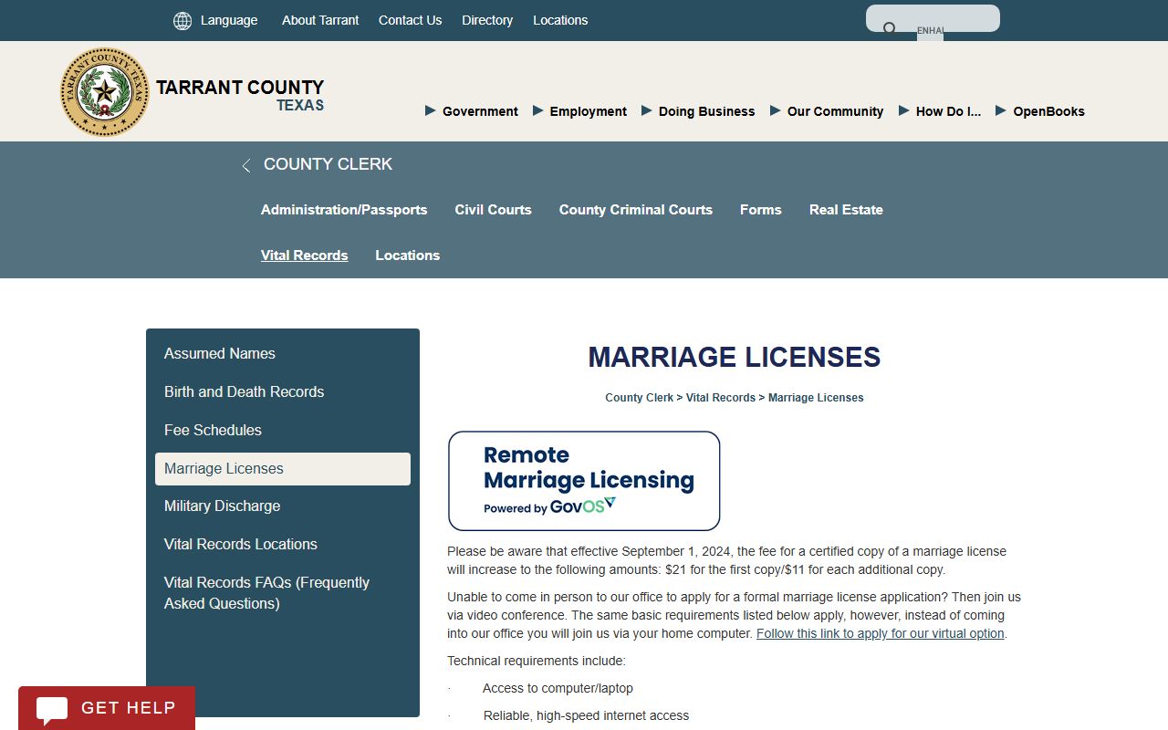 Tarrant County marriage and divorce records marriage license page from the County Clerk