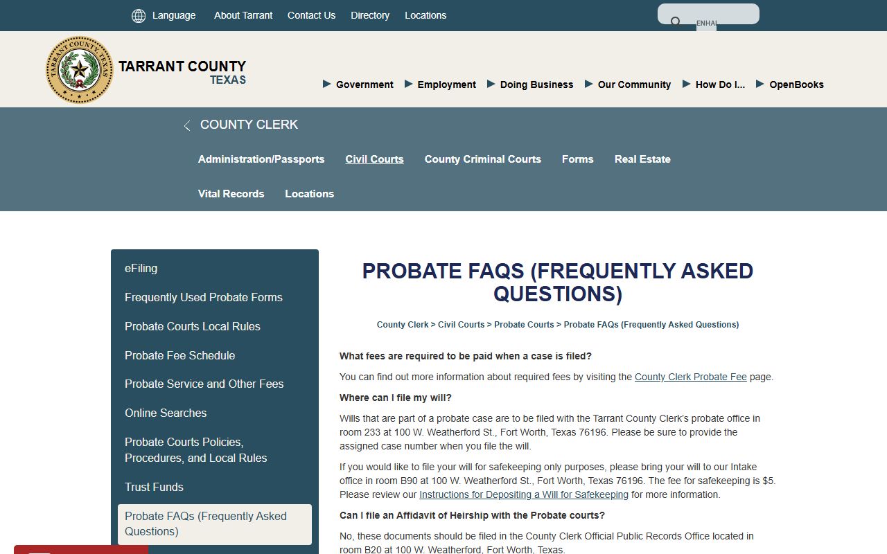 Tarrant County probate records frequently asked questions page from the County Clerk