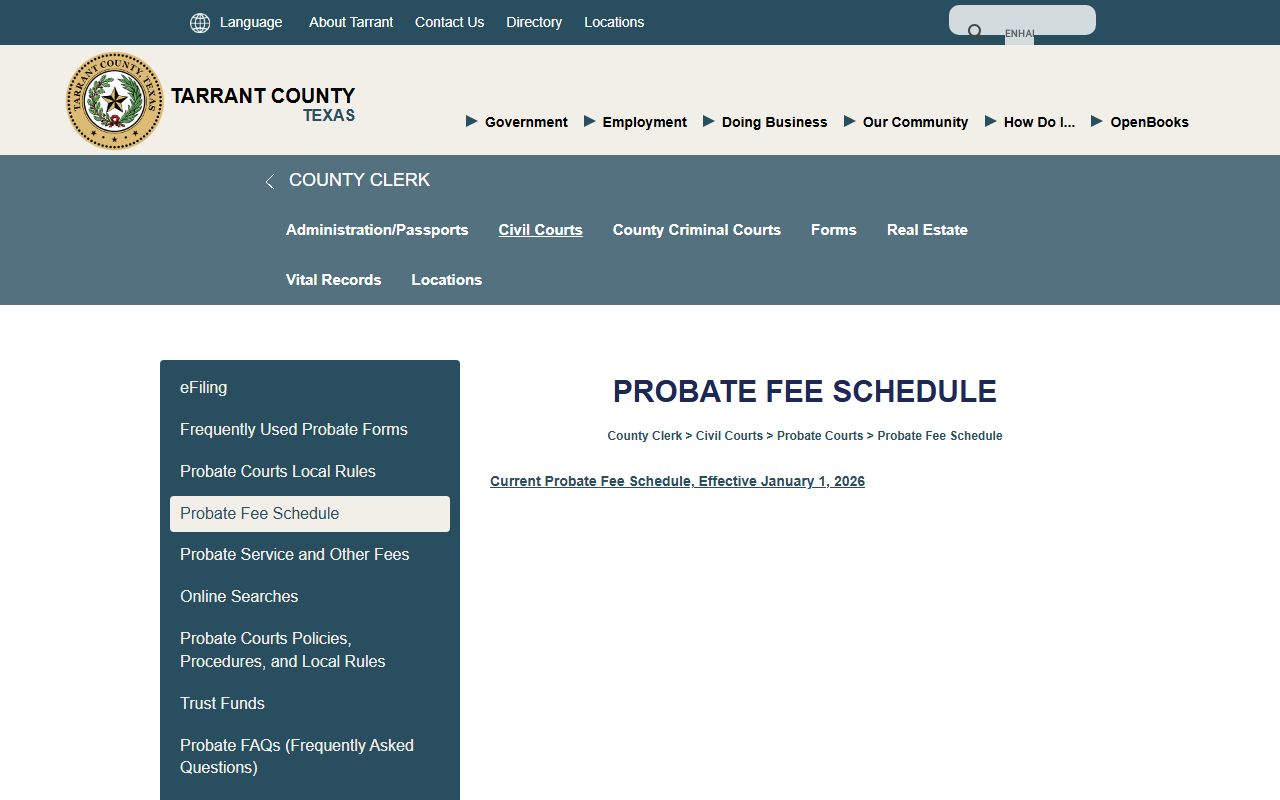 Tarrant County probate records fee schedule from the County Clerk
