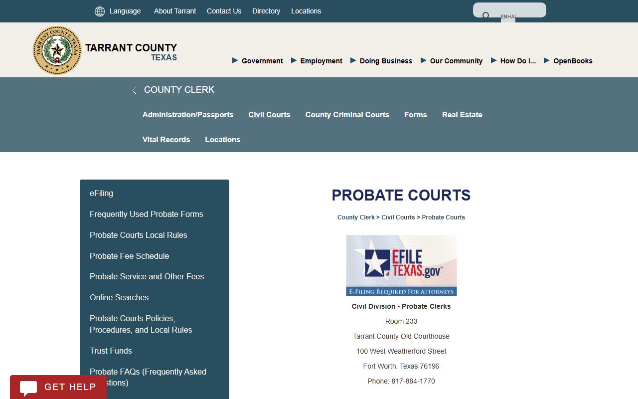 Tarrant County probate records page for the County Clerk Probate Courts