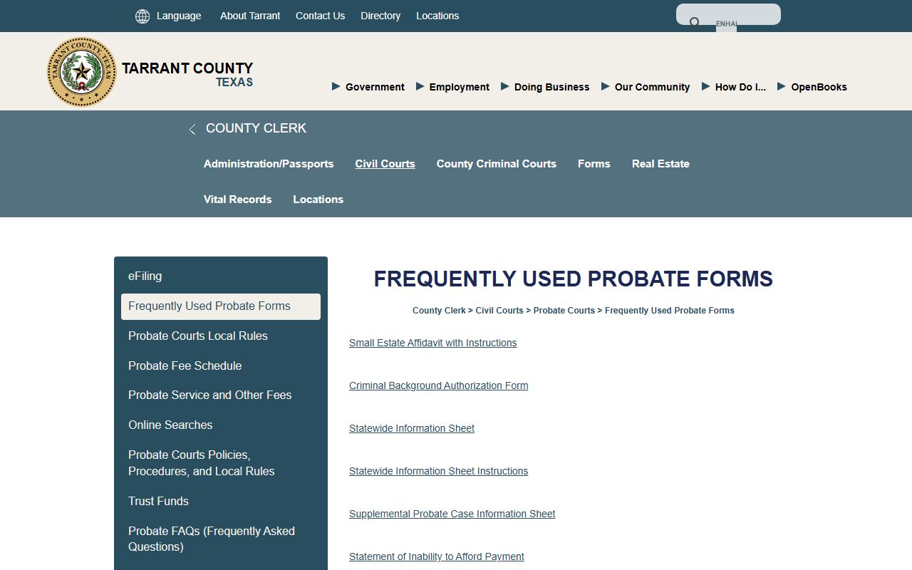 Tarrant County probate records frequently used probate forms page