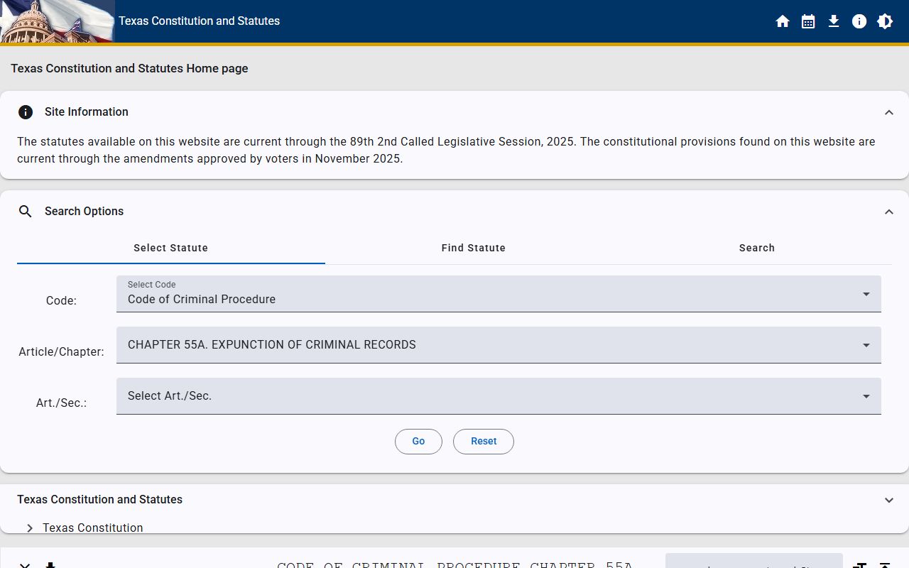 Code of Criminal Procedure Chapter 55A expunction rule for Tarrant County public records