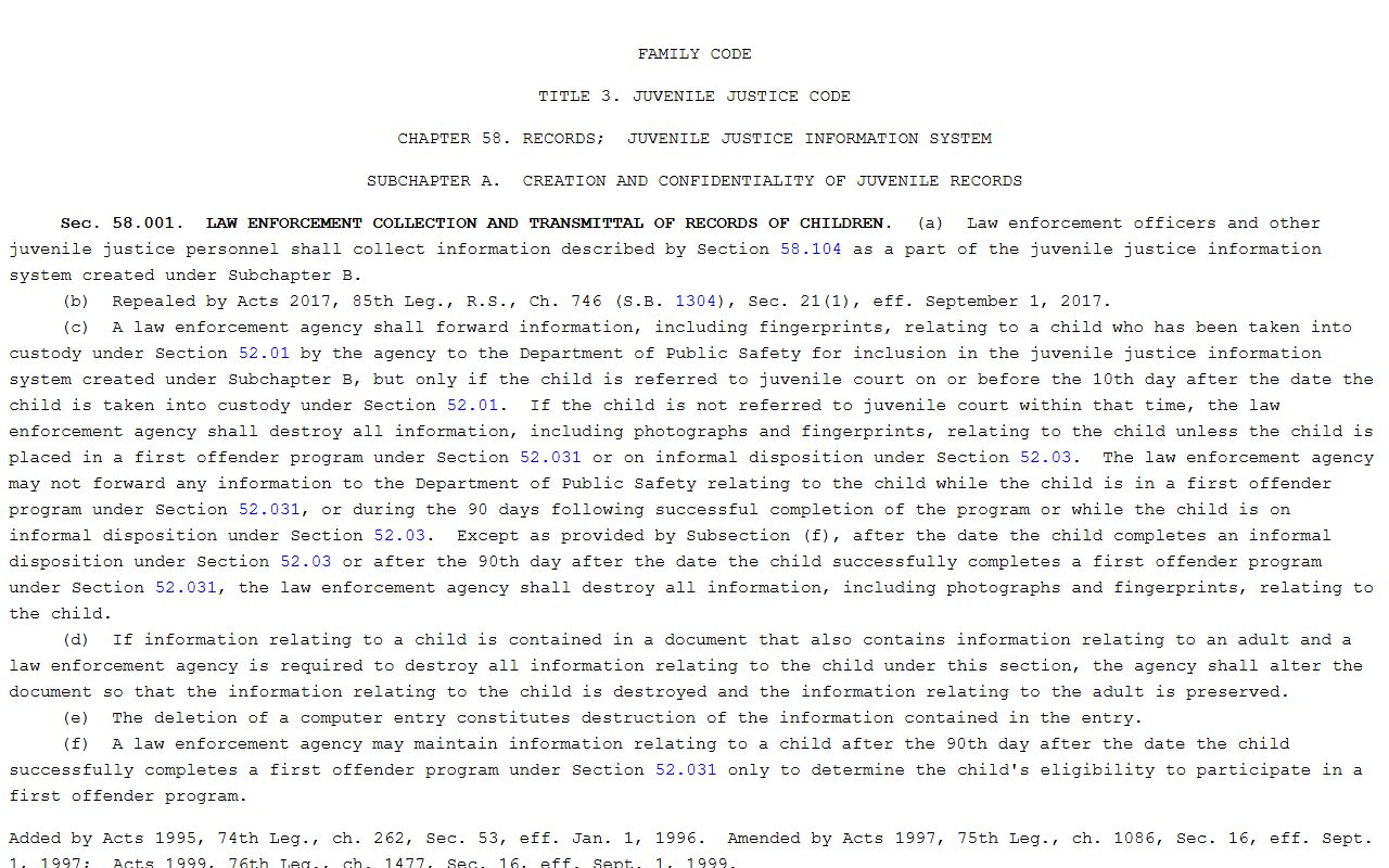 Texas Family Code Chapter 58 juvenile confidentiality rule for Tarrant County public records