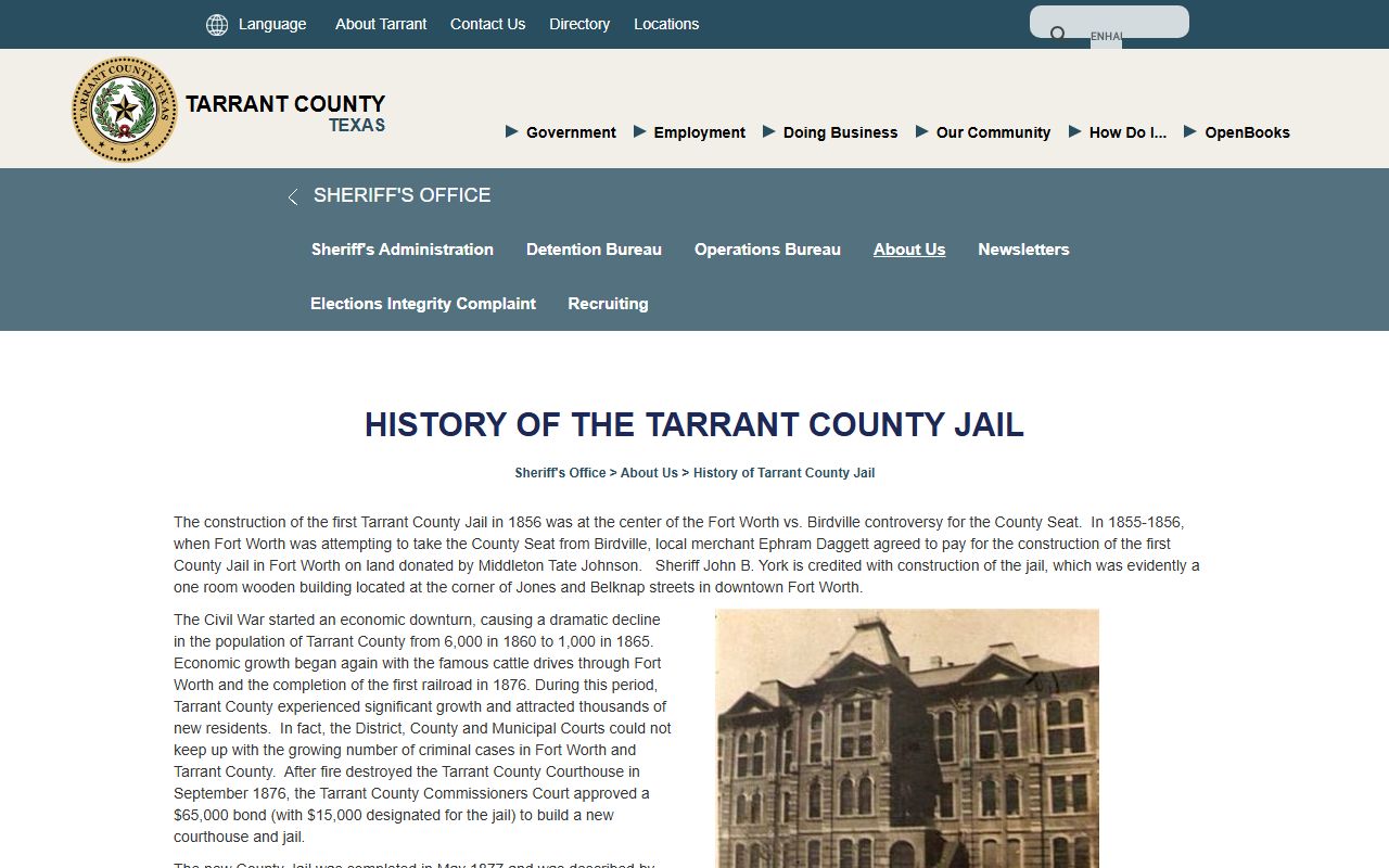 History page for Tarrant County released inmates and jail facilities