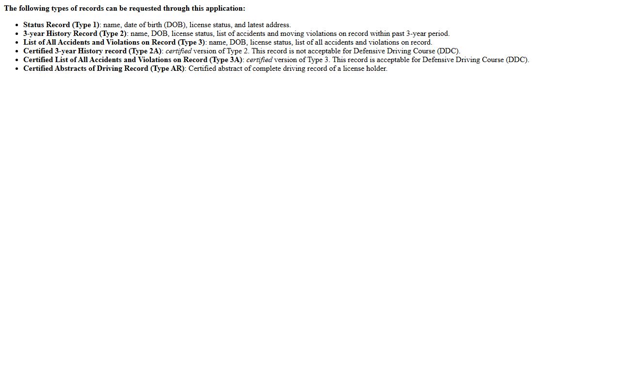 Texas.gov driver record types page used with Tarrant County traffic court records