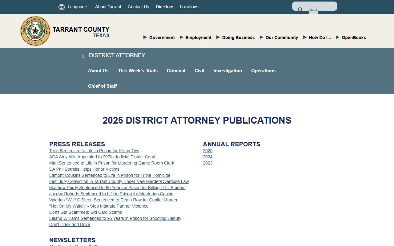 Tarrant County warrant records context on the District Attorney 2025 news releases page