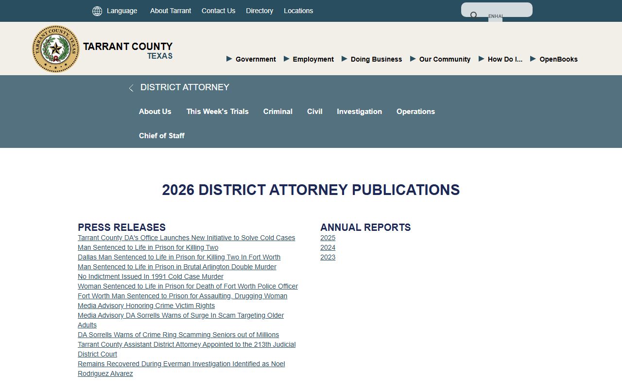 Tarrant County warrant records context on the District Attorney 2026 news releases page